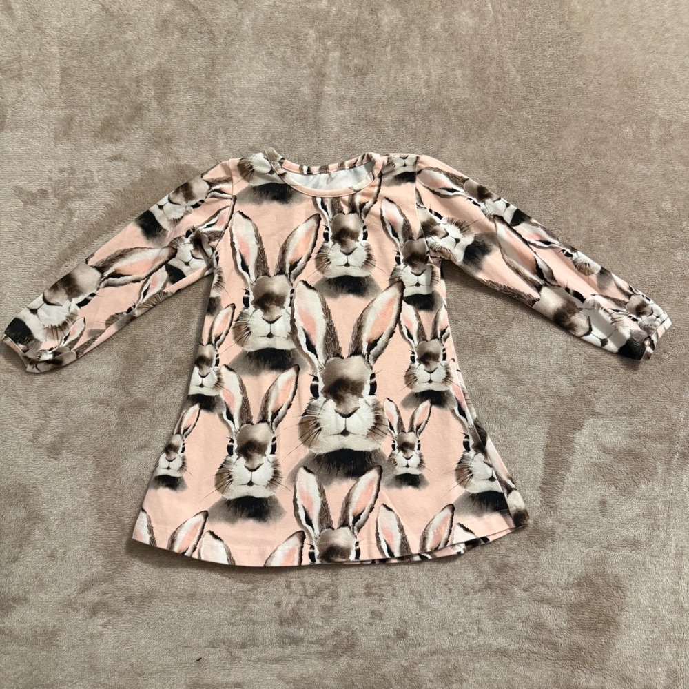 Metsola Kids Bunny Rabbit Print Organic Cotton Long Sleeve Dress Pink 86/92